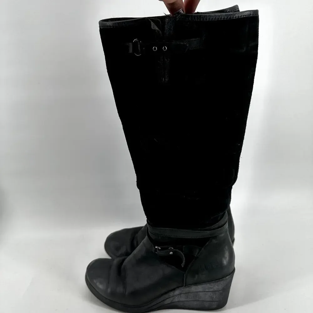 UGG Lesley Wedge Knee High Boots Waterproof Buckle Zip Suede Leather Black 6